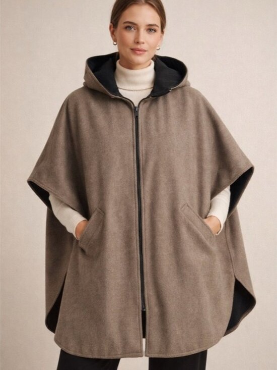 Jackets & Blazers - Vintage Taupe Hooded Cape Poncho Wool Blend Removable Hood Oversized